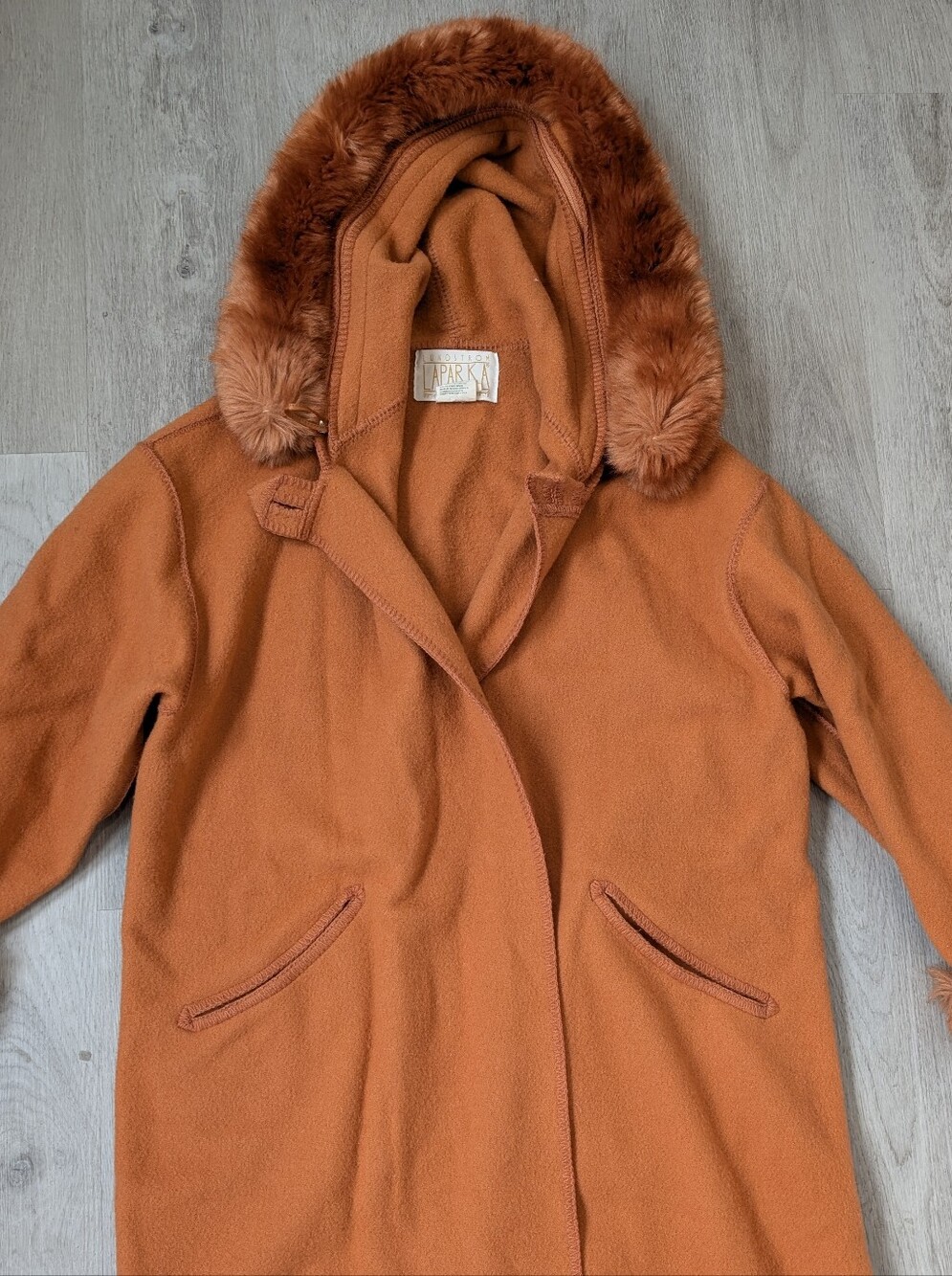 Vintage Rare Linda Lundstrom Laparka Orange 100% Wool Women Coat Headband Sz 12 - Picture 5 of 14
